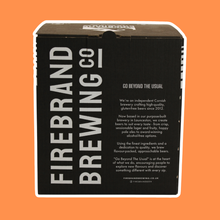 Load image into Gallery viewer, A black cardboard box for Firebrand Brewing Co, featuring white text and a white die-cut border, set against a solid orange background.