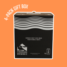 Load image into Gallery viewer, A 4-pack gift box of Firebrand Brewing Co. Cornish Craft Beer, shown in its black and white packaging against an orange background with a white '4-PACK GIFT BOX' text overlay.
